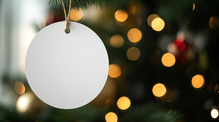 White round paper hanging on Christmas tree with bokeh background