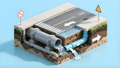 Urban storm drain cutaway sewer pipe drainage system roadway sidewalk water flow infrastructure sponge city concept cross section
