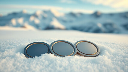 Three blank medals lying in fresh snow, symbolizing winter sports achievement and victory against a mountain backdrop