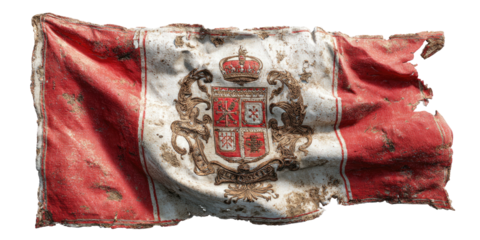 A tattered and distressed flag with a central emblem featuring a crown and ornate heraldry