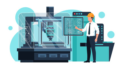 Engineer monitoring manufacturing processes with advanced CNC machine interface design
