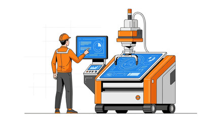 Engineer monitoring robotic arm production, advancing automation within factory line environment