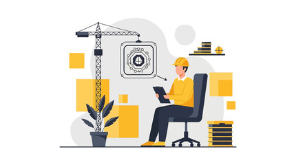 Engineer oversees construction project plans with crane and digital designs in the office setting