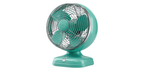 A teal colored, retro-style electric fan with metallic cage and blades, isolated on black background