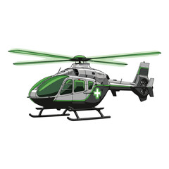 Medical Helicopter Illustration with Green Accents and Cross Symbol