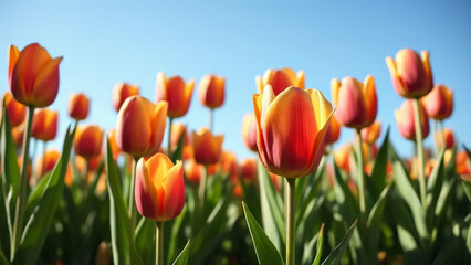 Field of colorful orange and red tulips reaching towards the clear blue sky, representing spring, growth, and natural beauty