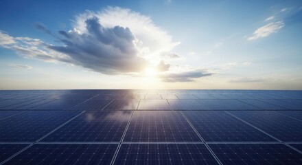 Vast solar panel field captures golden sunlight under a dramatic sky, symbolizing clean energy and future innovation.