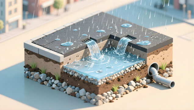 Permeable pavement cross section with rainfall, sponge city drainage concept, water flow to retention basin, urban stormwater management model