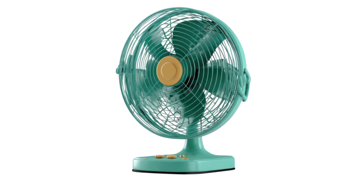 Teal and gold-toned oscillating fan, on a black background, perfect for cooling on a hot day