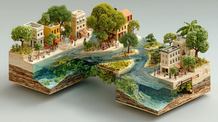 Miniature river urban block green space tree building street park sponge city concept water flow in cross section shows sustainable design joy