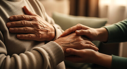 Elder hands receiving gentle support from younger hands in a comforting gesture elderly care