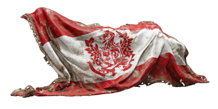 A tattered, weathered red and white flag with a detailed emblem, draped and crumpled against black