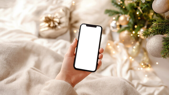 Hand holding smartphone with blank screen, Christmas tree and festive bokeh lights in background