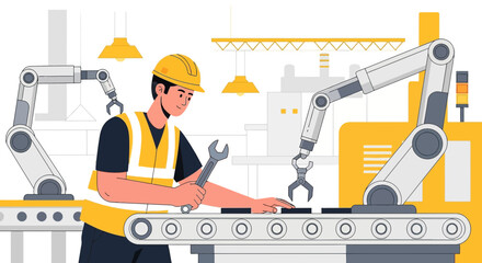 Factory worker with robotic arms, manufacturing, production line, automated process