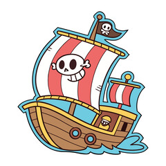 Fototapeta premium Funny Cartoon Pirate Boat Sticker Cute Small Pirate Design