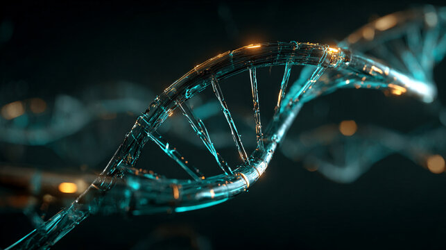 A hyperrealistic DNA helix crafted from transparent glass and glowing light, twisting elegantly in space. Perfect for scientific, futuristic, educational, and biotech-themed visuals.