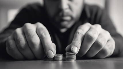 Man meticulously stacking and counting a small amount of coins, representing concepts of financial difficulty, poverty, and personal debt