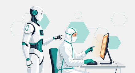 Future collaboration: Human in protective suit working with advanced android on technology interface