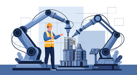 Future construction innovations: robotic arms assembling buildings under engineer supervision