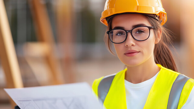 Professional female architect holding blueprints on construction site, confident engineer planning urban development and future project - Powered by Adobe
