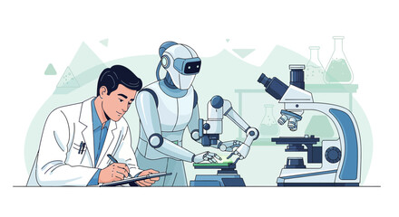 Future scientific advancement in lab with human scientist and robotic assistant performing