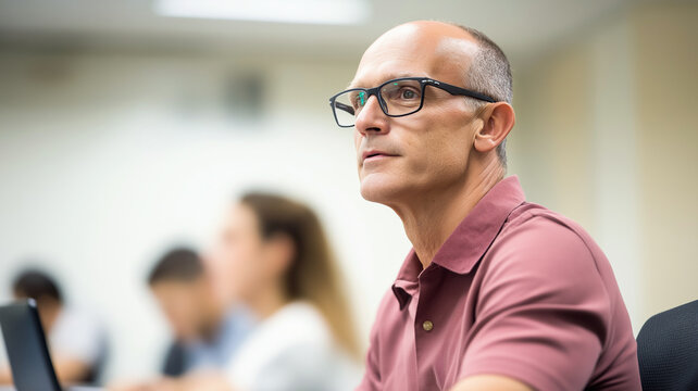 Experienced male educator wearing glasses, listening attentively in a classroom or business seminar, focusing on learning and professional development