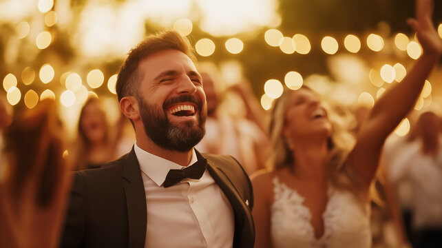 Groom laughing and dancing at wedding reception, celebrating joyous moment with friends and family under golden string lights - Powered by Adobe