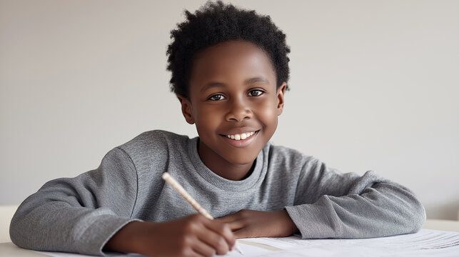Happy African American boy writing at a desk, looking at camera. Concept of learning, joyful student, primary school