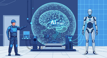 Futuristic AI research laboratory showcasing a robot, engineer, and digital brain interface