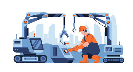 Futuristic construction site showcasing advanced robotics and a skilled worker interacting with