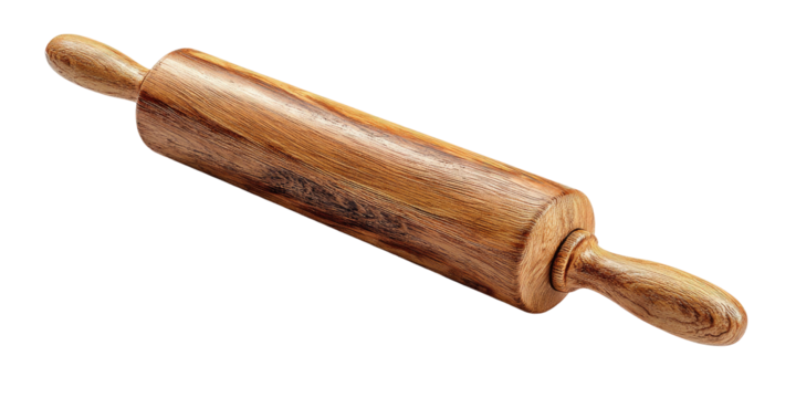 A wooden rolling pin, angled, against a black background. Ideal for kitchen and baking themes