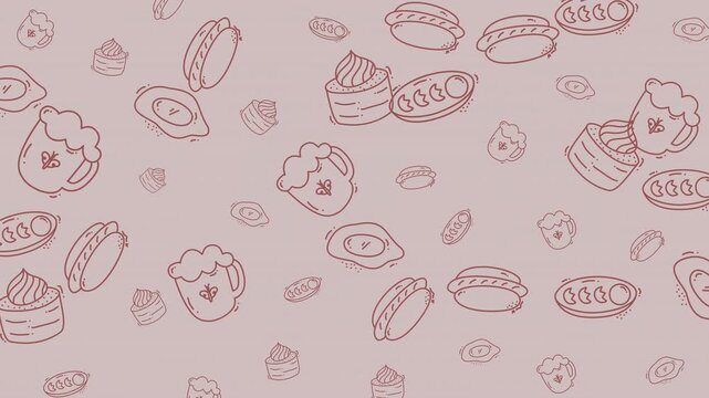 Food doodle pattern of hotdogs, beers, eggs, and desserts. Suitable for restaurant menus, food blogs, or kitchen decor prints.