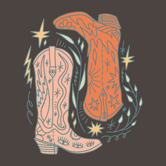 Modern abstract boho cowboy boots cartoon doodle hippie bohemian ornate groovy tattoo funky postmodern cowgirl patterned boot fashion folk whimsical shoes with floral motifs. Vector illustration