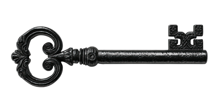 A detailed, dark-grey, ornate key rendered with a slight metallic texture, against a stark, black background