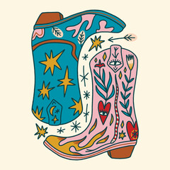 Modern abstract boho cowboy boots cartoon doodle hippie bohemian ornate groovy tattoo funky postmodern cowgirl patterned boot fashion folk whimsical shoes with floral motifs. Vector illustration