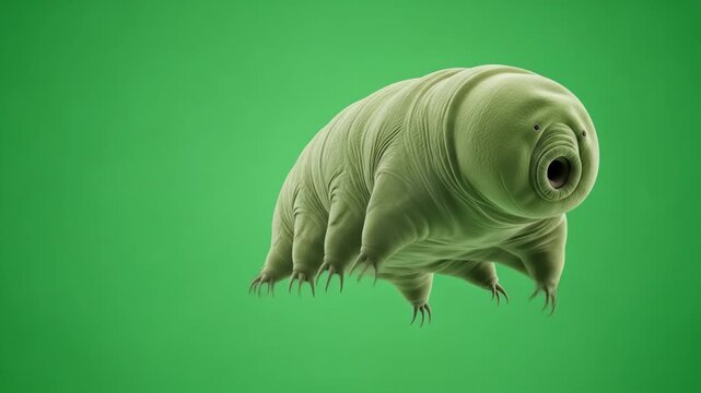 A close-up, highly detailed digital rendering of a tardigrade, showcasing its unique body structure and features against a vibrant green background.