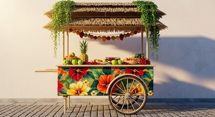 A vibrant tropical fruit stand with a colorful hibiscus floral design, thatched roof, and fresh produce, evoking a sense of summer and exotic vacation