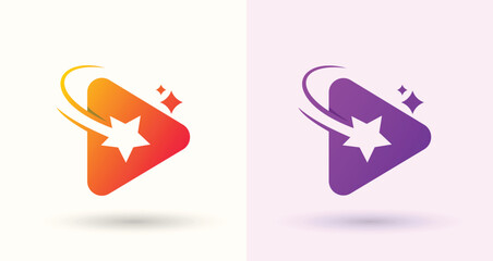 Play button star swoosh logo media video player streaming start brand icon
