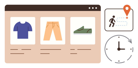 Online shopping interface featuring clothing items, delivery tracking symbol with location marker, and a clock icon. Ideal for online retail, logistics, shopping experience, order management