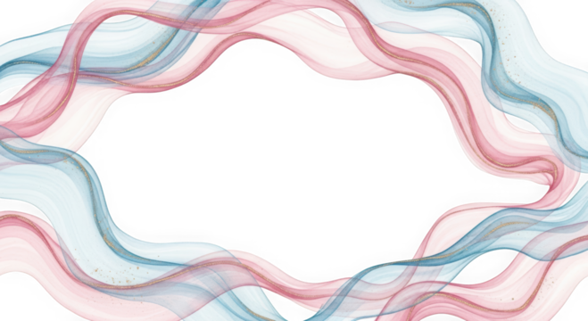 Ribbon-like Dusty Pink and Sky Blue Watercolor isolated on transparent background. Shimmering Gold Accent Art. Iridescent Droplet Design.