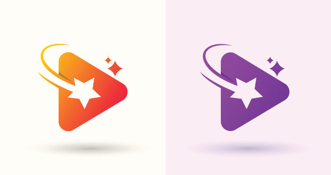 Play button star swoosh logo media video player streaming start brand icon
