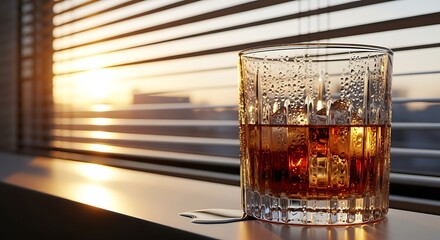 A glass of whiskey with ice and condensation sits on a windowsill as the sun sets through the blinds, casting warm golden light