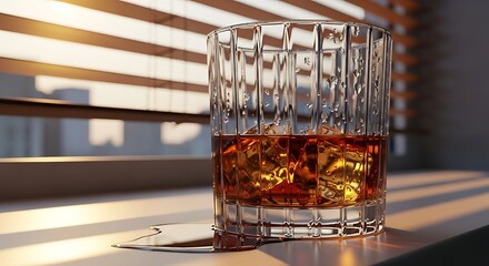 A crystal glass filled with amber whiskey and ice cubes sits on a windowsill, bathed in warm sunlight filtering through blinds