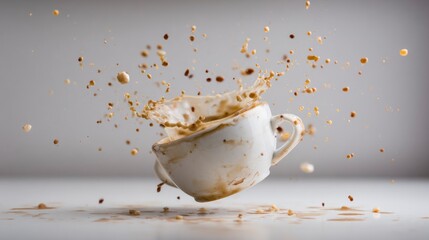 Fresh milk pouring into a vintage glass on a breakfast table with a saucer, ceramic bowl, and healthy white flowers