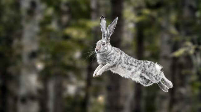 A jackrabbit leaping through the forest air, frozen mid-flight. Grace, instinct, and wild freedom suspended in air.
