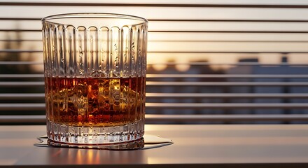 A glass of whiskey with ice cubes sits on a table in front of a window with blinds, bathed in warm sunset light