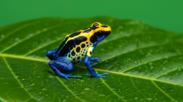 A vibrant blue and yellow poison dart frog sits atop a large, textured green leaf, showcasing its intricate patterns.