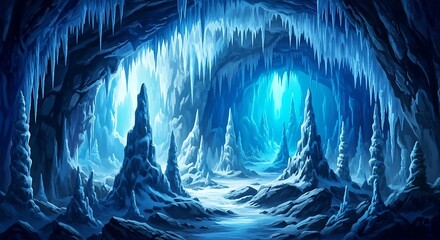 Enchanting ice cave with shimmering icicles and stalagmites, illuminated by a mystical blue glow, creating a magical winter wonderland scene