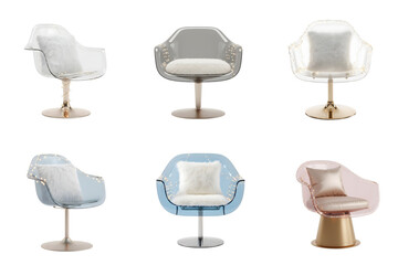 Set of elegant modern minimalistic transparent armchairs with silk pillows and fairy lights on metal bases, isolated on transparent background, perfect for collages and new year advertising