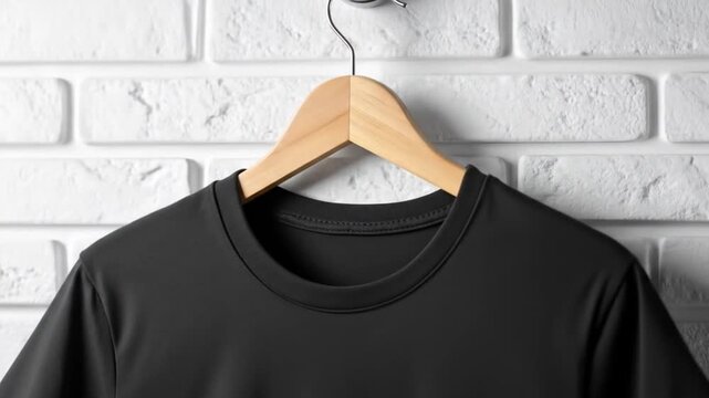 Close Up Of A Black T Shirt Hanging On A Wooden Hanger Against A White Brick Wall Textured Background